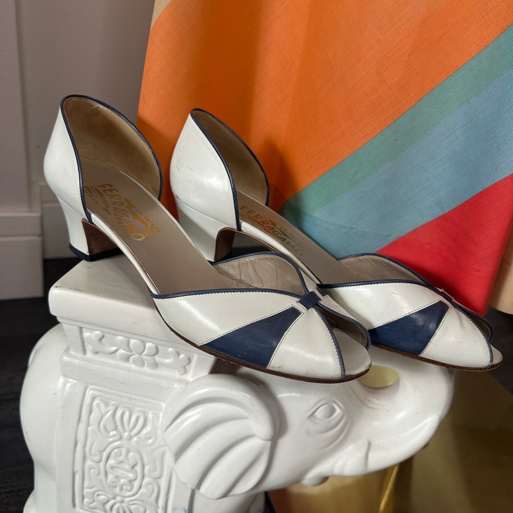 Ferragamo White and Blue Peep-Toe Heels